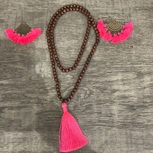 Wood beaded necklace with pink tassel & pink tassel earrings